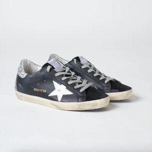 Golden Goose Superstar black leather sneakers silver glitter heel